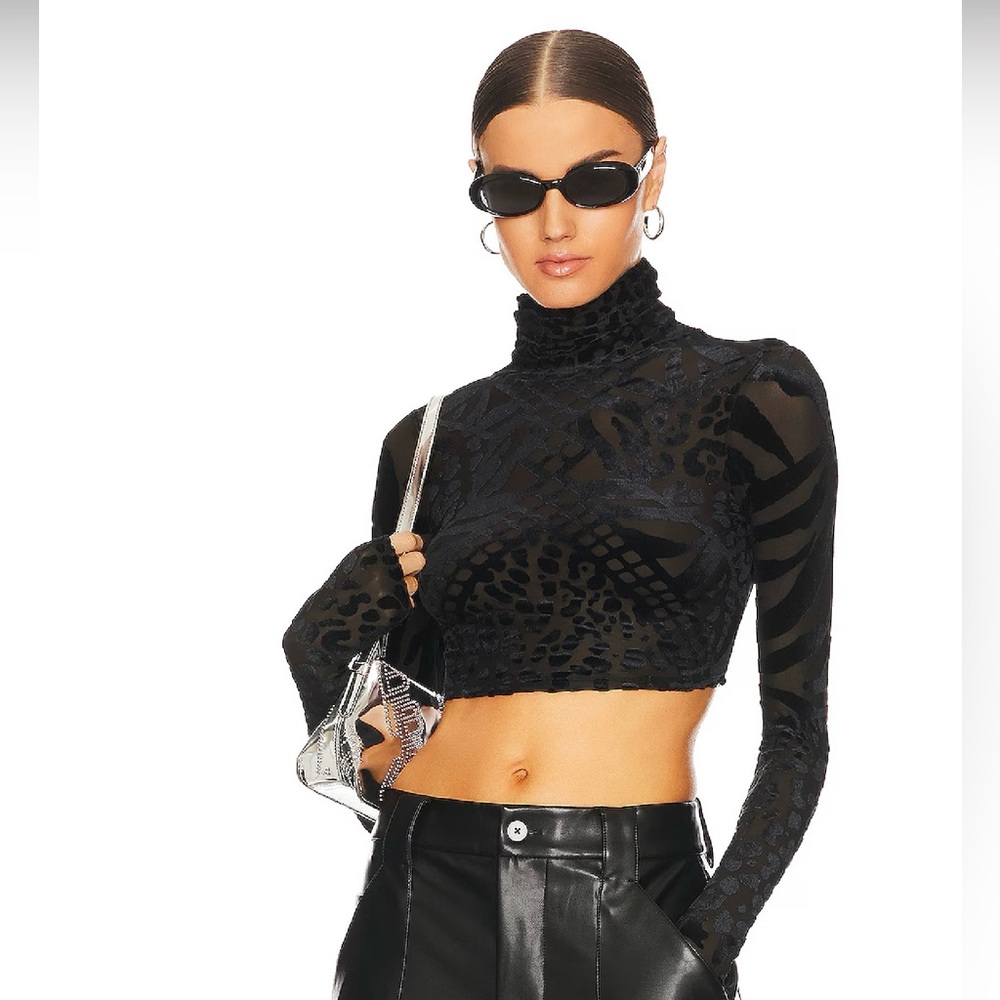 Turtleneck Crop Top - Size Medium - Black Velvet & Mesh